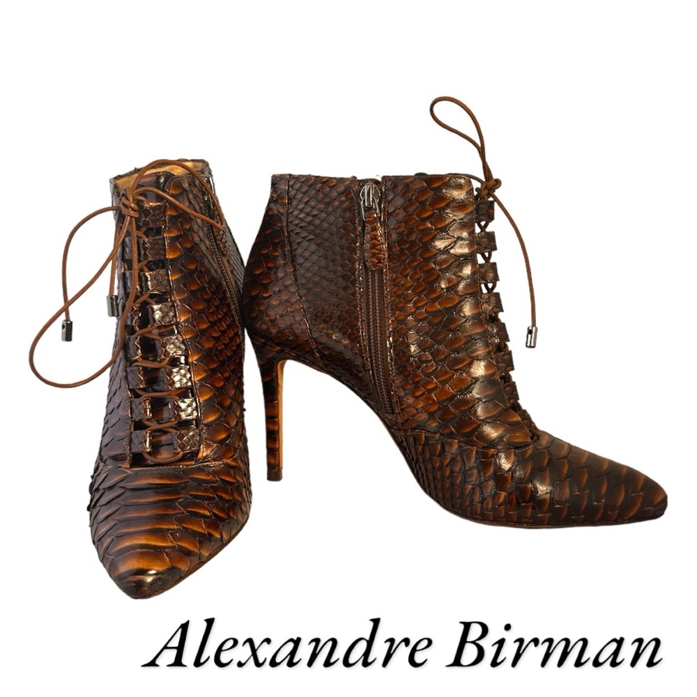 Alexandre Birman Mally Python Lace-Up Point-Toe Booties (Sz 37.5)